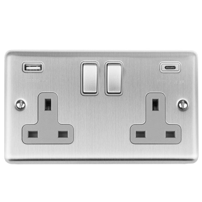 Eurolite Plug Sockets Satin Stainless Enhance Decorative 2 Gang 13Amp Switched Socket With Usb C Stainless Steel - Satin Stainless