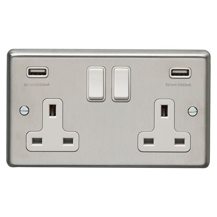 Eurolite Plug Sockets Satin Stainless Steel Stainless steel 2 Gang Usb Socket - Satin Stainless Steel