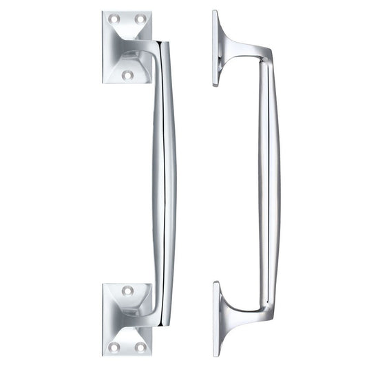 Zoo Hardware Cast Brass Pull Handle in a polished finish, measuring 250mm in length, designed with an ergonomic shape for easy gripping and featuring square mounting plates.