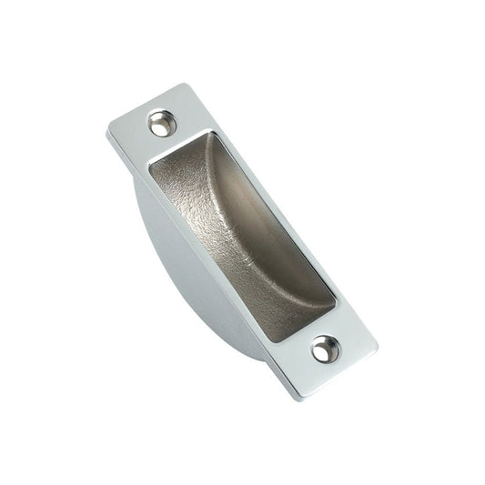 Zoo Hardware Easyclean Dust Socket for Flush Bolts in silver finish, measuring 62 x 19mm. It features a sleek, rectangular design with a recessed bowl and two mounting holes for secure installation.