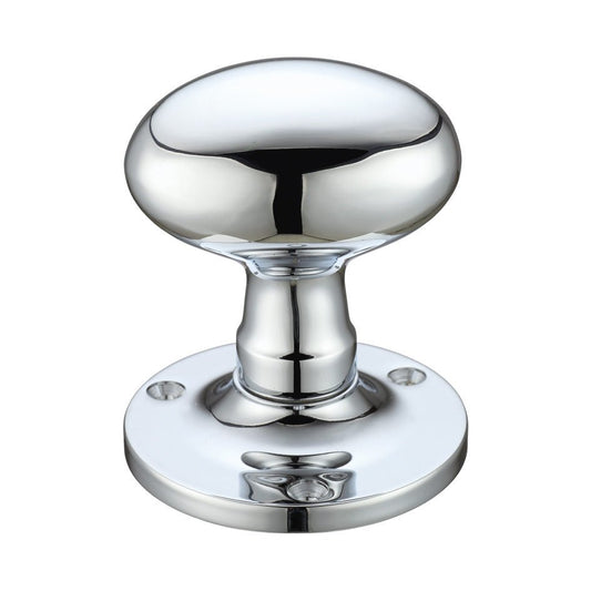 Zoo Hardware Oval Mortice Knob Furniture with a 62.5mm rose diameter, featuring a polished chrome finish and a round knob design attached to a circular base with screw holes.