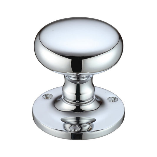 Zoo Hardware Mushroom Mortice Knob Furniture featuring a 62.5mm diameter rosette in polished chrome, with a rounded knob design and a decorative base plate featuring three screw holes for easy installation.