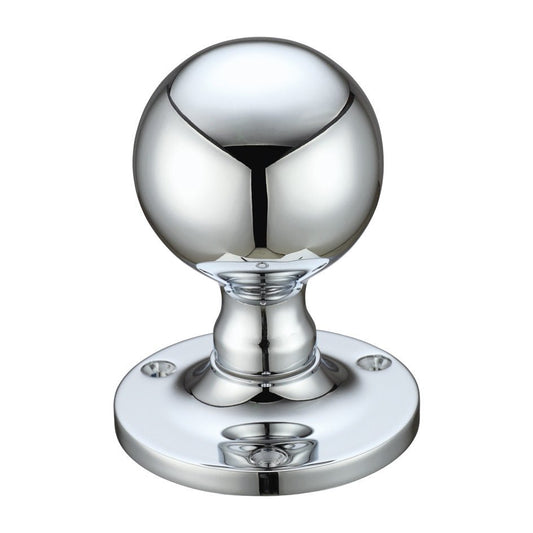 Zoo Hardware Ball Mortice Knob Furniture measuring 62.5mm in rose diameter, featuring a polished chrome finish with a spherical design and a round base plate.