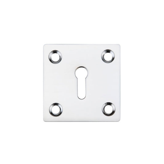 Zoo Hardware Square Standard Profile Escutcheon 50mm in polished chrome, featuring a square shape with a keyhole cutout in the center and four mounting holes for installation.