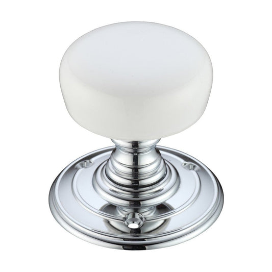 Porcelain Mortice Knob on Round Rose - Face Fix Polished Chrome Plain White Love Handles uk