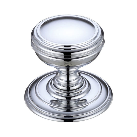Zoo Hardware Mortice Knob on Round Rose - Concealed Fix in polished chrome, featuring a round, smooth design with layered circular detailing on its base.