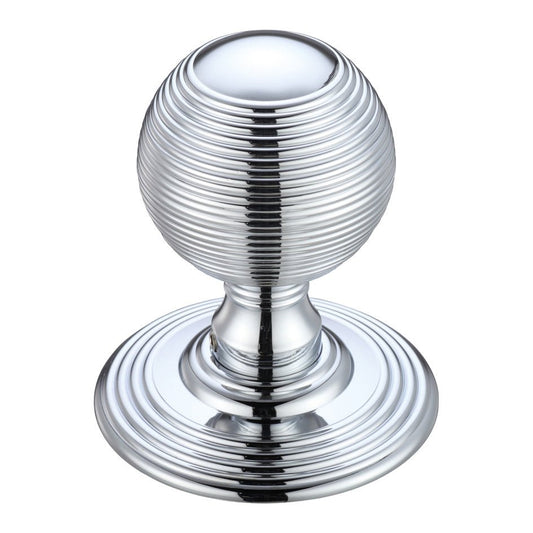 Zoo Hardware Ringed Mortice Knob on Round Rose in a polished chrome finish, featuring a ribbed design and concealed fix mounting. The round rose base complements the spherical knob shape.