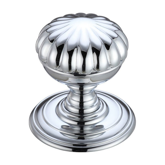 Zoo Hardware Flower Mortice Knob on Round Rose in polished chrome finish, featuring a decorative floral design and a concealed fix mounting base.