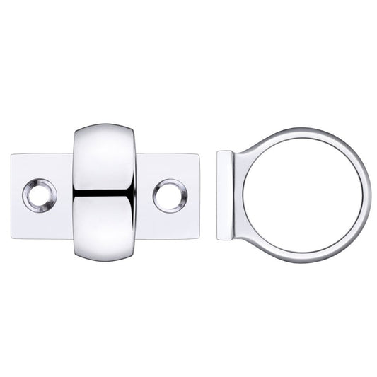 Zoo Hardware Window Sash Ring in polished chrome, featuring a round ring and a rectangular base with two screw holes for installation. Designed for securing window sashes.
