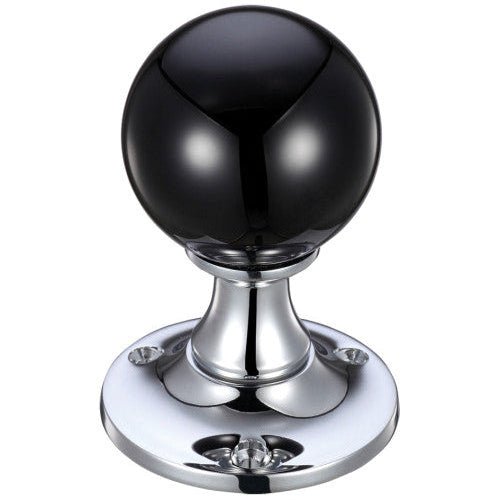 Zoo Hardware Glass Ball Mortice Knob - 50mm in black glass, featuring a chrome-finished base for secure installation. The round knob design offers a sleek and modern look, suitable for various door types.