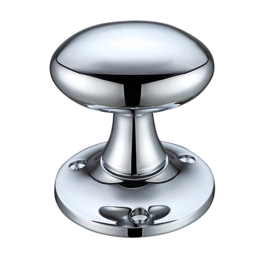 Zoo Hardware Oval Mortice Knob Furniture with a diameter of 60mm, featuring a polished chrome finish and a rounded design mounted on a circular rose base.
