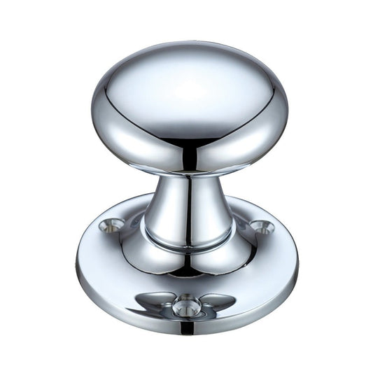 Zoo Hardware Mushroom Mortice Knob Furniture with a 60mm rose diameter, featuring a polished chrome finish and a round shape, mounted on a circular base with screw holes for installation.