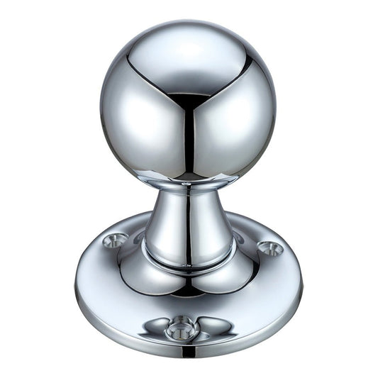 Zoo Hardware Ball Mortice Knob Furniture with a 60mm rose diameter in a polished chrome finish, featuring a smooth spherical knob mounted on a round base with four screw holes.