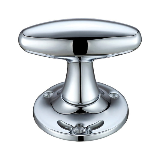 Zoo Hardware Extended Oval Mortice Knob Furniture with a 60mm rose diameter, featuring a polished chrome finish and a rounded knob design, mounted on a circular base with four screw holes for installation.