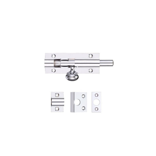 Zoo Hardware Architectural Barrel Bolt in chrome finish, featuring a sliding bolt mechanism with accompanying mounting plates for installation.
