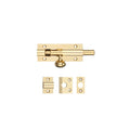 Zoo Hardware Architectural Barrel Bolt in polished brass, featuring a sliding bolt mechanism and accompanying mounting plates for installation.