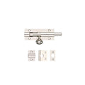 Zoo Hardware Architectural Barrel Bolt in stainless steel, featuring a cylindrical latch mechanism and accompanying strike plates for installation. The design includes an integrated mount for secure fastening.