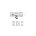 Zoo Hardware Architectural Barrel Bolt in stainless steel finish, featuring a sliding bolt mechanism and accompanied by two matching strike plates. The design ensures secure locking for various applications.