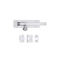 Zoo Hardware Architectural Barrel Bolt in silver finish, made of metal, featuring a sliding bolt mechanism and mounting brackets for secure installation.