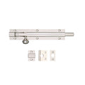 Zoo Hardware Architectural Barrel Bolt in a polished stainless steel finish, featuring a sliding bolt mechanism, mounting plate, and three fittings for installation.