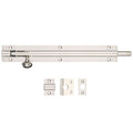 Zoo Hardware Architectural Barrel Bolt in polished nickel finish, featuring a slide mechanism and including two strike plates for installation.