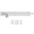 Zoo Hardware Architectural Barrel Bolt in silver finish, made of metal, featuring a sliding bolt mechanism, and includes installation components with two strike plates and a keeper.