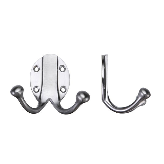 Zoo Hardware Double Robe Hook in a polished chrome finish, featuring a rounded design with two hooks on a circular backplate, suitable for hanging robes or coats.