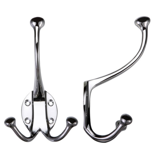 Zoo Hardware Double Hat and Coat Hook in polished chrome, featuring two hooks for hanging items, with a circular backplate and four mounting holes for installation.
