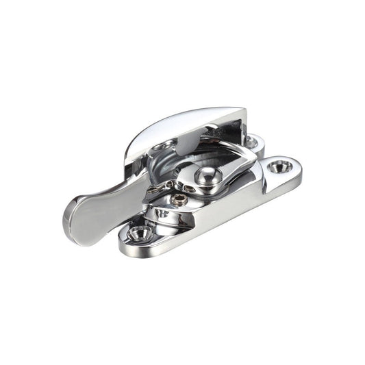 Zoo Hardware Fitch Fastener c/w Key in polished chrome finish, featuring a compact design with a lever action and two mounting points for secure installation.