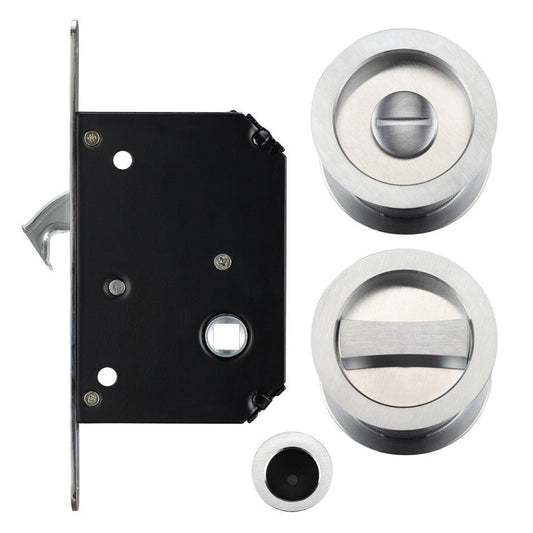 Zoo Hardware Sliding Door Lock Set, designed for doors 35–45mm thick, includes a central locking mechanism with two stainless steel handles and a round privacy knob, ensuring secure access and functionality.