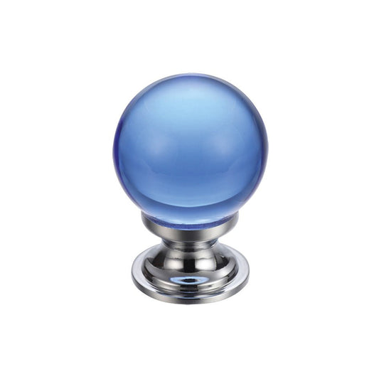 Zoo Hardware Glass Ball Cabinet Knob – Plain features a round blue glass ball design mounted on a chrome base, providing a sleek and modern finish for furniture or cabinetry.