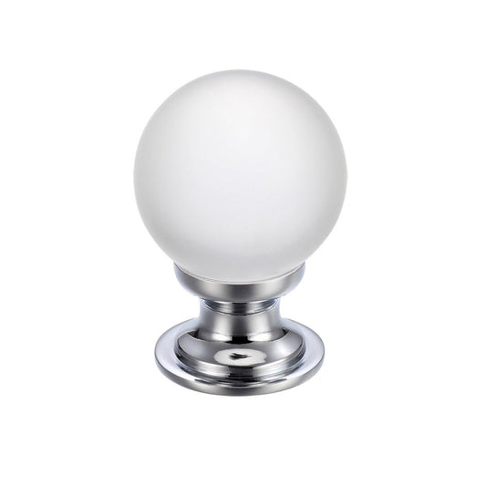 Zoo Hardware Glass Ball Cabinet Knob in frosted glass with a polished chrome base, featuring a spherical shape and a smooth finish.