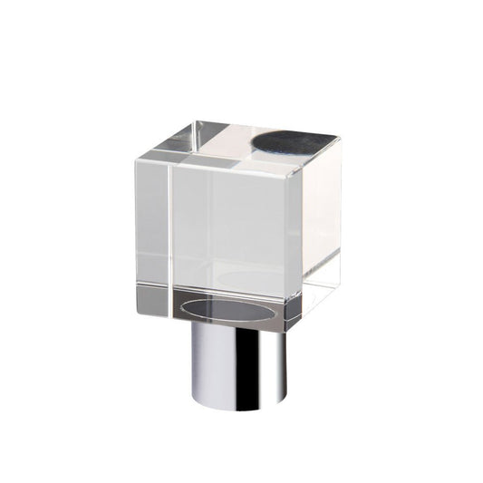 Zoo Hardware Cube Cupboard Knob in plain design with a 25mm diameter, featuring a transparent cube body and a polished chrome base for a modern look.