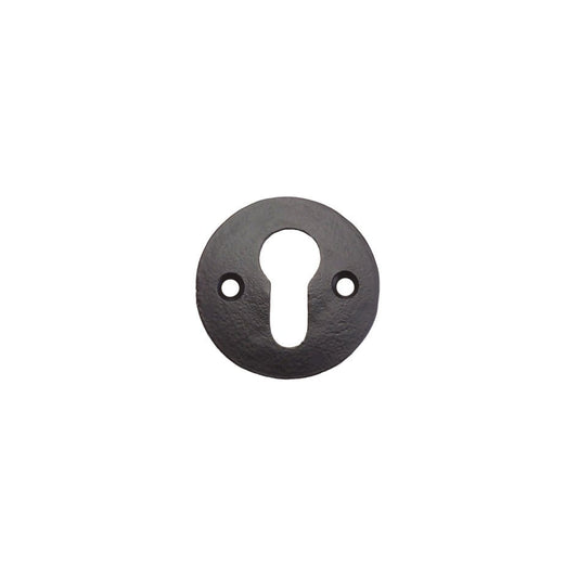 Zoo Hardware Escutcheon - Euro - 2" in a round design, made of dark metal with a keyhole opening and two mounting holes.