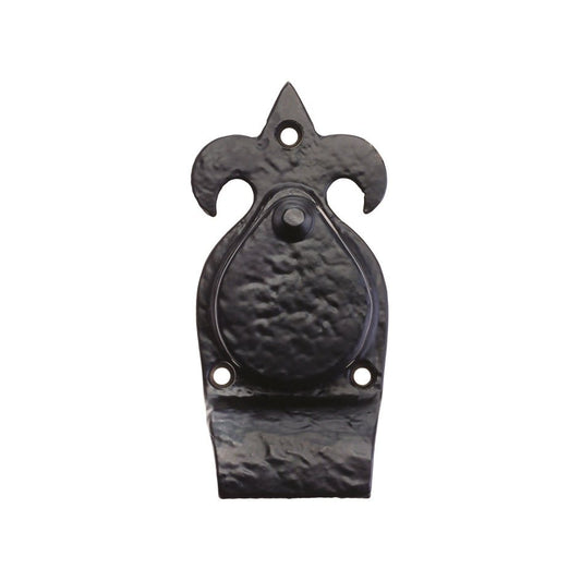 Zoo Hardware Fleur De Lys Cylinder Cover, measuring 5 inches, features a decorative design with a textured black finish and a teardrop shape, made from durable material for various applications.