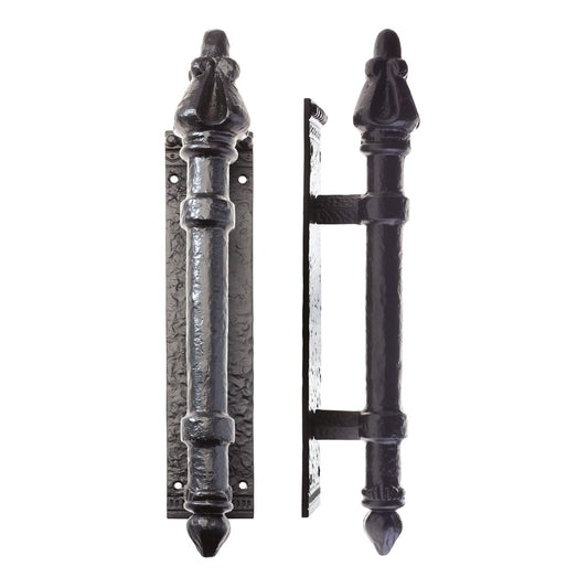 Zoo Hardware Round Pull Handle on Backplate measuring 304mm x 63mm and 2.5mm thickness, shown in a black finish with decorative detailing and a textured surface.