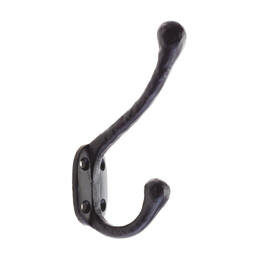 Zoo Hardware Hat and Coat Hook measuring 4.5 inches, featuring a black finish and a sturdy, two-pronged design, mounted on a rectangular base with pre-drilled holes for easy installation.