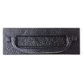 Zoo Hardware Postal Letter Plate measuring 12" x 4" in a textured black finish, featuring a rectangular shape with a curved handle and square mounting points at each end.