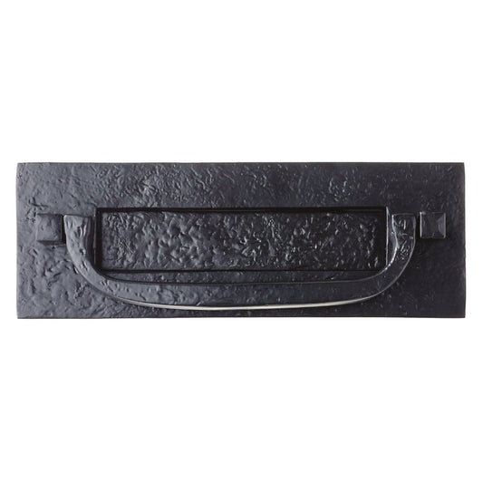 Zoo Hardware Postal Letter Plate measuring 12" x 4" in a textured black finish, featuring a rectangular shape with a prominent handle in the center and square mount details at each end.