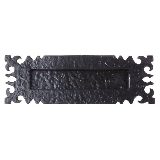 Zoo Hardware Ledbury Letter Plate measuring 12" x 4", featuring a black finish with a textured surface and decorative edges, designed to hold mail securely.
