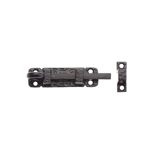 Zoo Hardware Curly Tail Door Bolt in black finish, measuring 4 inches, featuring a decorative tail and a secure locking mechanism, shown with accompanying strike plate.