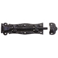Zoo Hardware Plain Door Bolt in a black finish with a textured surface, featuring a curved design and a sliding bolt mechanism. It includes mounting holes for easy installation.