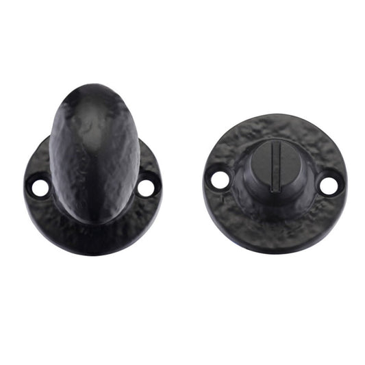 Zoo Hardware Turn and Release - 5mm Spindle in a textured black finish, featuring a rounded knob and a disc-shaped base with two screw holes for installation.