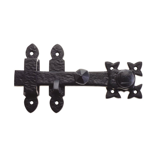 Zoo Hardware Latch in a black finish, measuring 2.5" x 7.5", features a decorative design with a large round knob and multiple mounting points for installation.