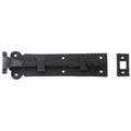 Zoo Hardware Cranked Plain Door Bolt measuring 200mm x 48mm in a textured black finish, featuring a sturdy design with a hinge and a matching strike plate for secure closing.