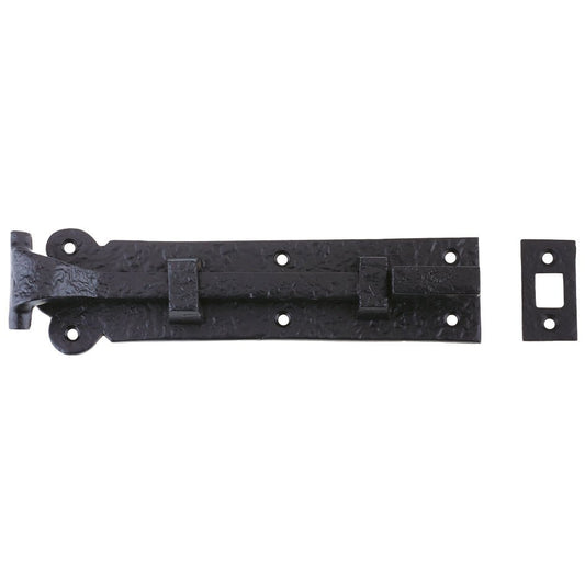 Zoo Hardware Cranked Plain Door Bolt measuring 200mm x 48mm in a black finish, featuring a textured design and including a matching strike plate for installation.