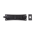 Zoo Hardware Cranked Curly Tail Door Bolt measuring 150mm x 42mm in a matte black finish, featuring a curved design with a decorative hook and matching plate for secure door closure.