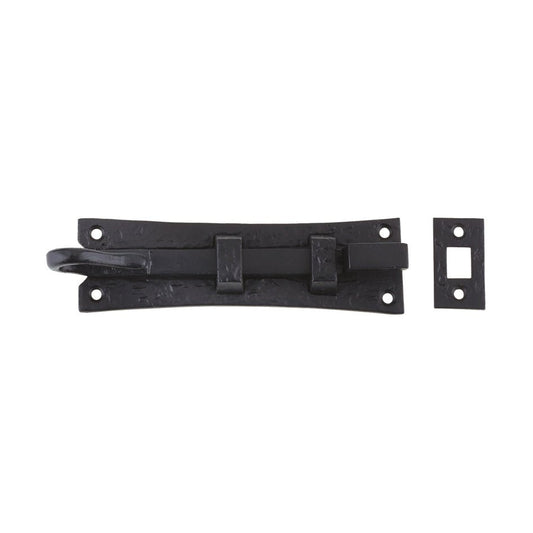 Zoo Hardware Cranked Curly Tail Door Bolt measuring 150mm x 42mm in a black finish, featuring a curved bolt design and a matching strike plate.