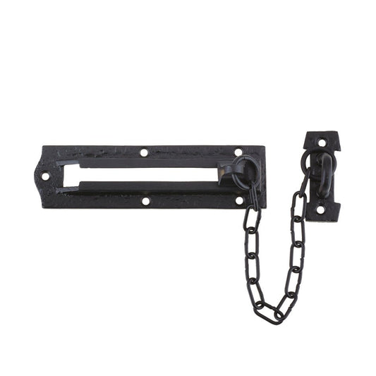 Zoo Hardware Door Chain measuring 155mm x 40mm, featuring a black finish with a sturdy metal chain for added security. The design includes a sliding latch and a loop attachment for easy installation.