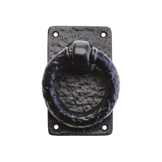 Zoo Hardware Ring Handle measuring 3" x 5", featuring a textured black finish and a circular loop design mounted on a rectangular back plate, suitable for various applications.